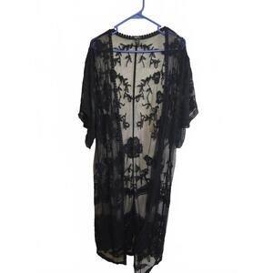 Black Sheer Embroidered Kimono Cover up - Medium